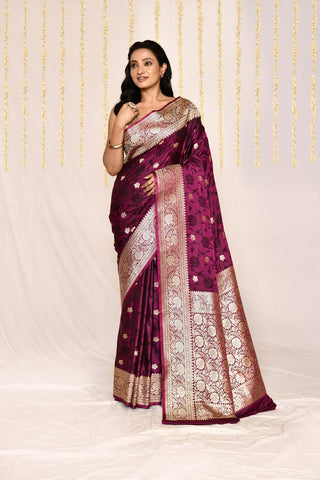 Magenta Pink Semi Katan Mushru Satin Banarasi Handloom Silk Saree