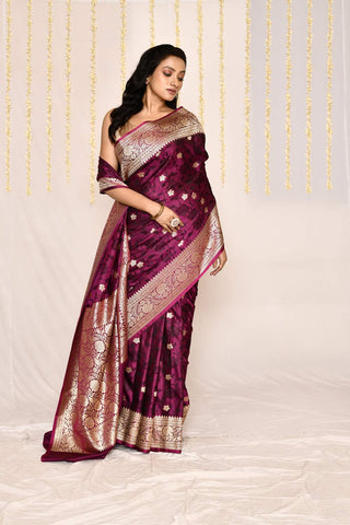 Magenta Pink Semi Katan Mushru Satin Banarasi Handloom Silk Saree