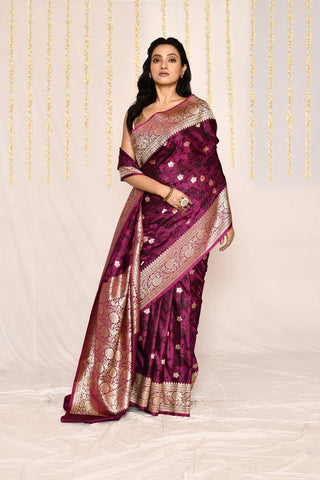 Magenta Pink Semi Katan Mushru Satin Banarasi Handloom Silk Saree