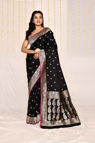 Midnight Black Semi Katan Mushru Satin  Banarasi Handloom Silk Saree