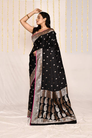 Midnight Black Semi Katan Mushru Satin  Banarasi Handloom Silk Saree