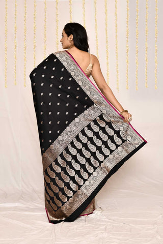 Midnight Black Semi Katan Mushru Satin  Banarasi Handloom Silk Saree