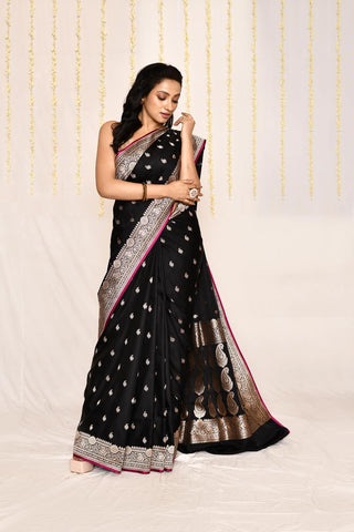 Midnight Black Semi Katan Mushru Satin  Banarasi Handloom Silk Saree