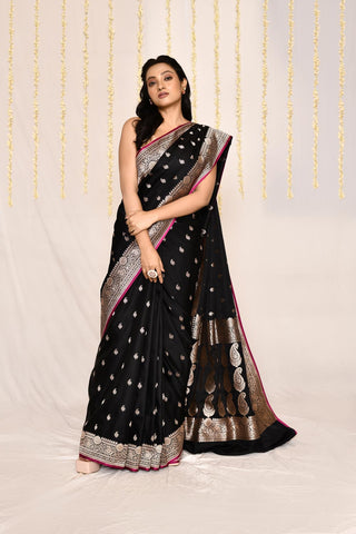 Midnight Black Semi Katan Mushru Satin  Banarasi Handloom Silk Saree