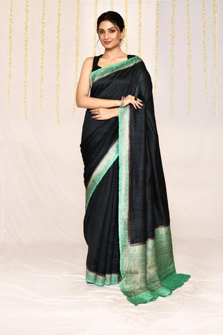 Charcoal Black - Seafoam Pure Tussar Silk Banarasi Handloom Silk Saree