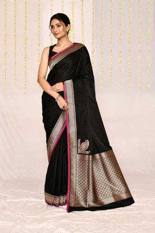 Black Semi Katan Mushru Satin Banarasi Handloom Silk Saree