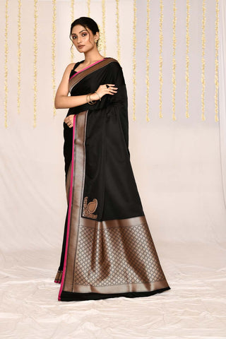 Black Semi Katan Mushru Satin Banarasi Handloom Silk Saree