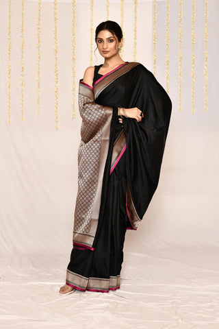 Black Semi Katan Mushru Satin Banarasi Handloom Silk Saree