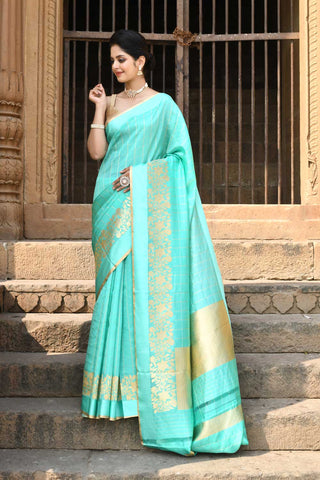 Turquoise Pure Katan Silk Banarasi Handloom Saree With kadhua Border