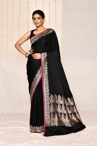 Black Semi Katan Mushru Satin Banarasi Handloom Silk Saree