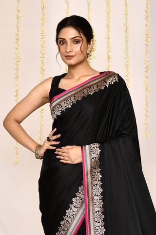 Black Semi Katan Mushru Satin Banarasi Handloom Silk Saree