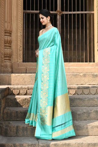 Turquoise Pure Katan Silk Banarasi Handloom Saree With kadhua Border