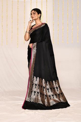 Black Semi Katan Mushru Satin Banarasi Handloom Silk Saree