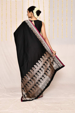 Black Semi Katan Mushru Satin Banarasi Handloom Silk Saree