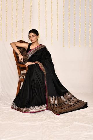 Black Semi Katan Mushru Satin Banarasi Handloom Silk Saree