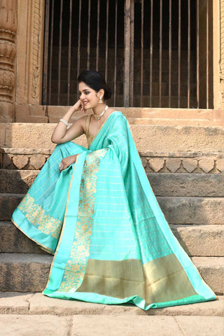 Turquoise Pure Katan Silk Banarasi Handloom Saree With kadhua Border