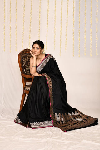 Black Semi Katan Mushru Satin Banarasi Handloom Silk Saree