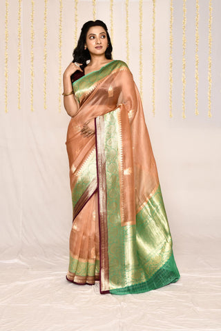 Rose Gold Pure Kora Organza Banarasi Handloom Silk Saree