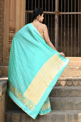 Turquoise Pure Katan Silk Banarasi Handloom Saree With kadhua Border