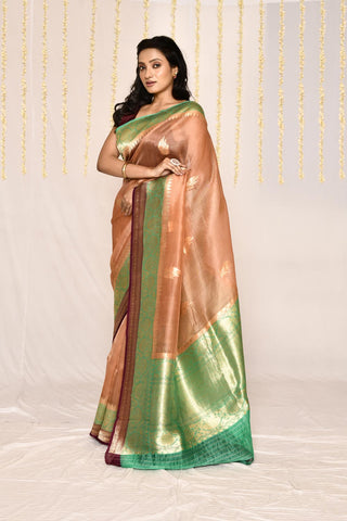 Rose Gold Pure Kora Organza Banarasi Handloom Silk Saree