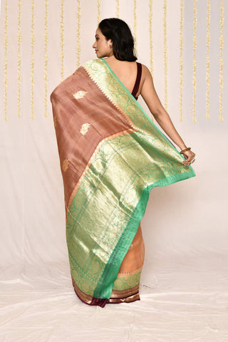 Rose Gold Pure Kora Organza Banarasi Handloom Silk Saree