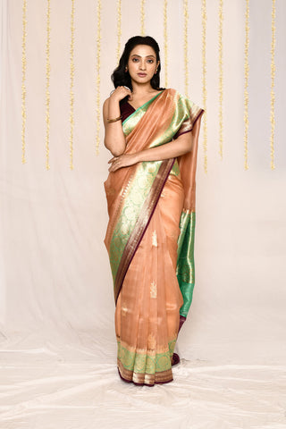 Rose Gold Pure Kora Organza Banarasi Handloom Silk Saree