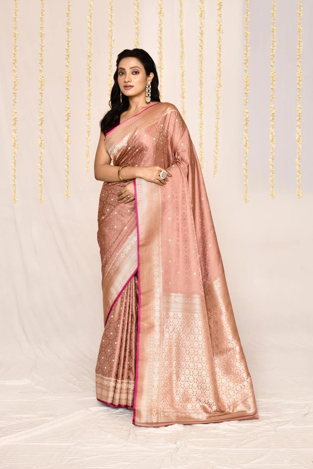 Old Rose Gold Semi Katan Mushru Satin Banarasi Handloom Silk Saree