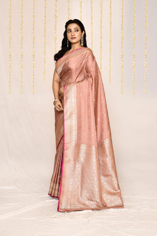 Old Rose Gold Semi Katan Mushru Satin Banarasi Handloom Silk Saree