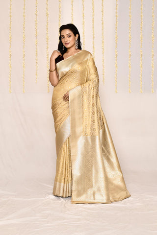 Beige -Tussar Semi Katan Mushru Satin Banarasi Handloom Siilk Saree