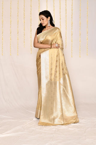 Beige -Tussar Semi Katan Mushru Satin Banarasi Handloom Siilk Saree