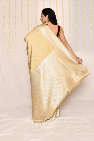 Beige -Tussar Semi Katan Mushru Satin Banarasi Handloom Siilk Saree