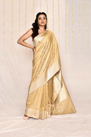 Beige -Tussar Semi Katan Mushru Satin Banarasi Handloom Siilk Saree