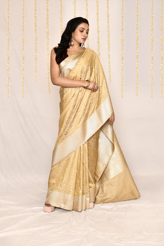 Beige -Tussar Semi Katan Mushru Satin Banarasi Handloom Siilk Saree