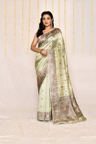 Pista Green Pure tussar Silk Banarasi Handloom Silk Saree