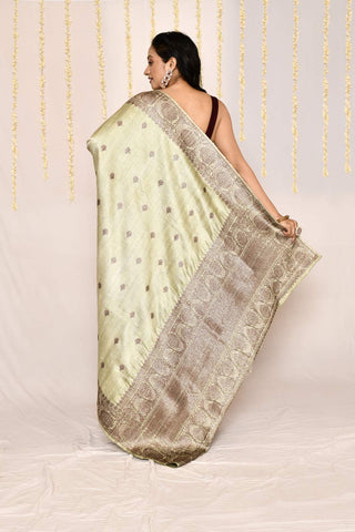 Pista Green Pure tussar Silk Banarasi Handloom Silk Saree