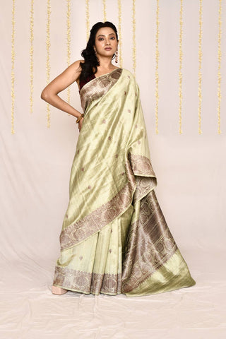 Pista Green Pure tussar Silk Banarasi Handloom Silk Saree