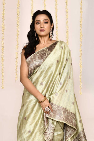 Pista Green Pure tussar Silk Banarasi Handloom Silk Saree