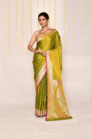 Mustard Green - Semi Katan Mushru Satin Banarasi Handloom Saree