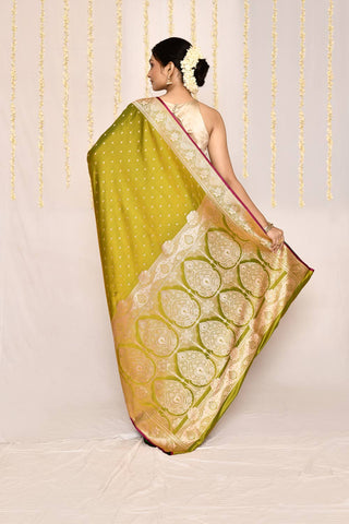 Mustard Green - Semi Katan Mushru Satin Banarasi Handloom Saree