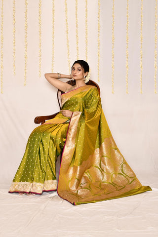 Mustard Green - Semi Katan Mushru Satin Banarasi Handloom Saree