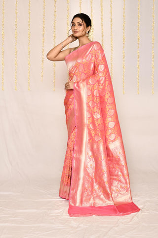 Baby Pink - Pure Katan Georgette Silk Banarasi Handloom Silk Saree