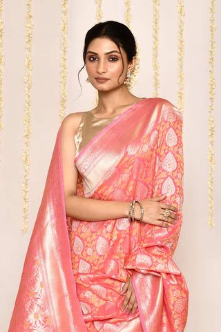 Baby Pink - Pure Katan Georgette Silk Banarasi Handloom Silk Saree