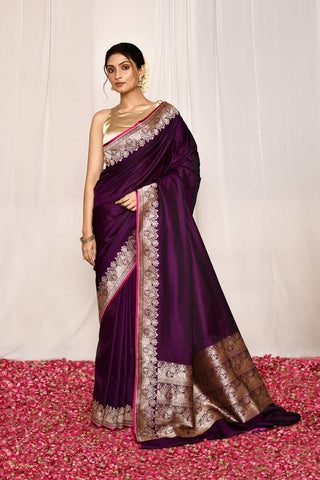 Cadbury Purple Semi Katan Mushru Satin Banarasi Handloom Saree