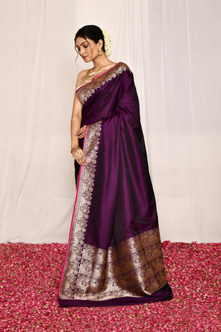 Cadbury Purple Semi Katan Mushru Satin Banarasi Handloom Saree