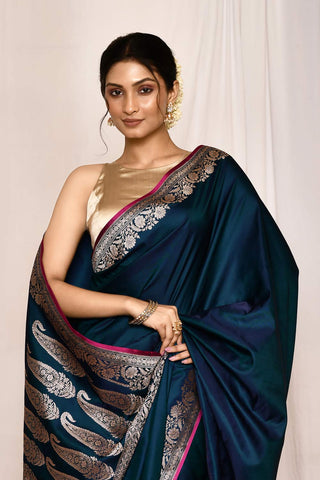 Teal Semi Katan Mushru Satin Banarasi Handloom Silk Saree