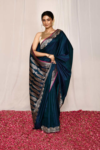 Teal Semi Katan Mushru Satin Banarasi Handloom Silk Saree