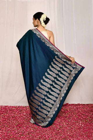 Teal Semi Katan Mushru Satin Banarasi Handloom Silk Saree