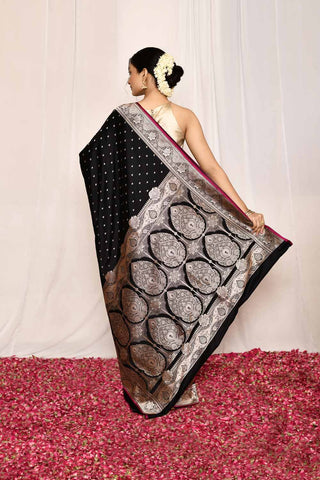 Deep Black Semi Katan Mushru Satin Banarasi Handloom Silk Saree