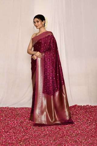 Magenta Purple Semi Katan Mushru Satin Banarasi Handloom Silk Saree