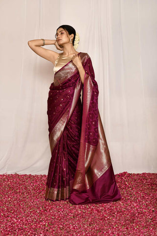 Magenta Purple Semi Katan Mushru Satin Banarasi Handloom Silk Saree